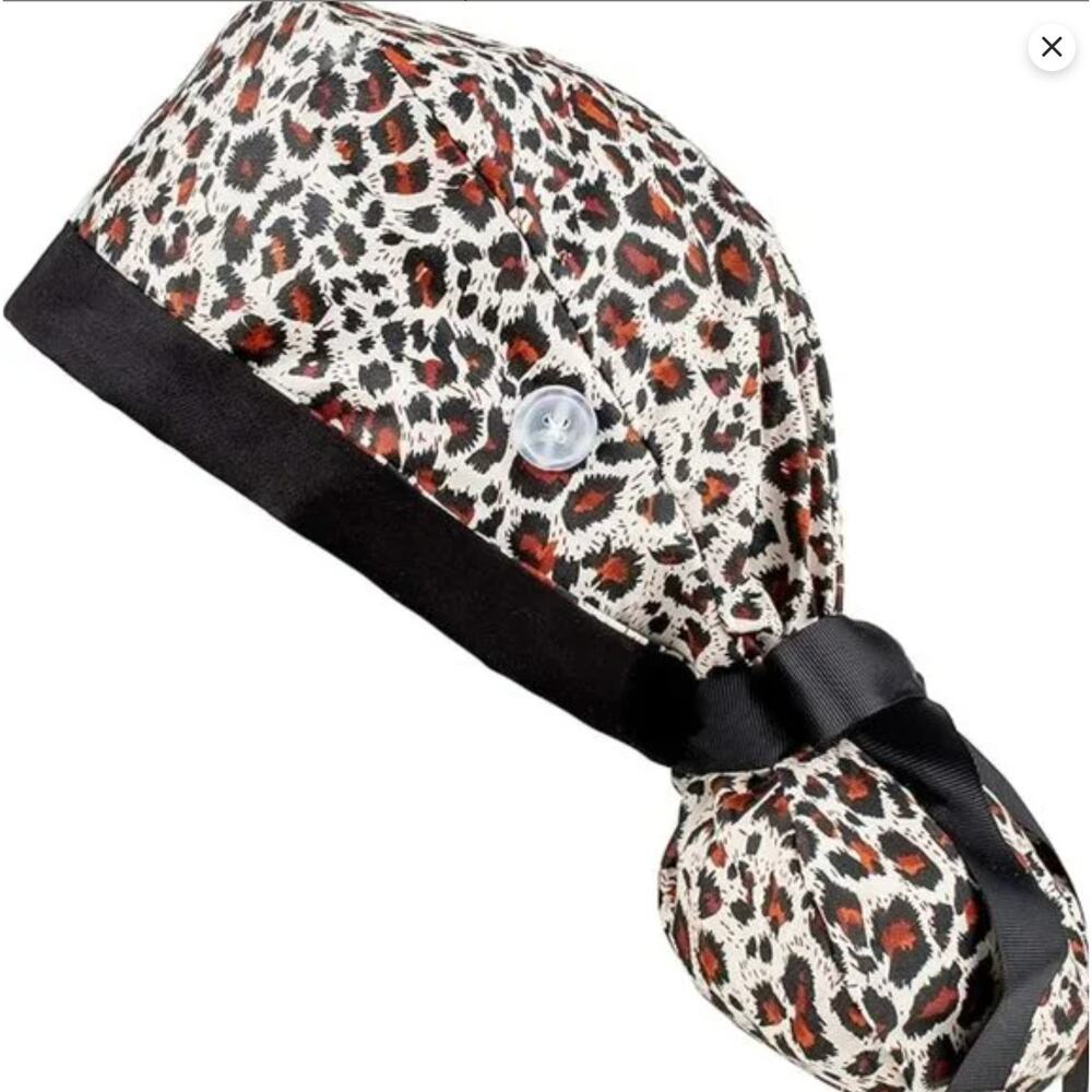 NWT Working Cap Ribbon Tie for Women Long Hair Leopard Print Cotton